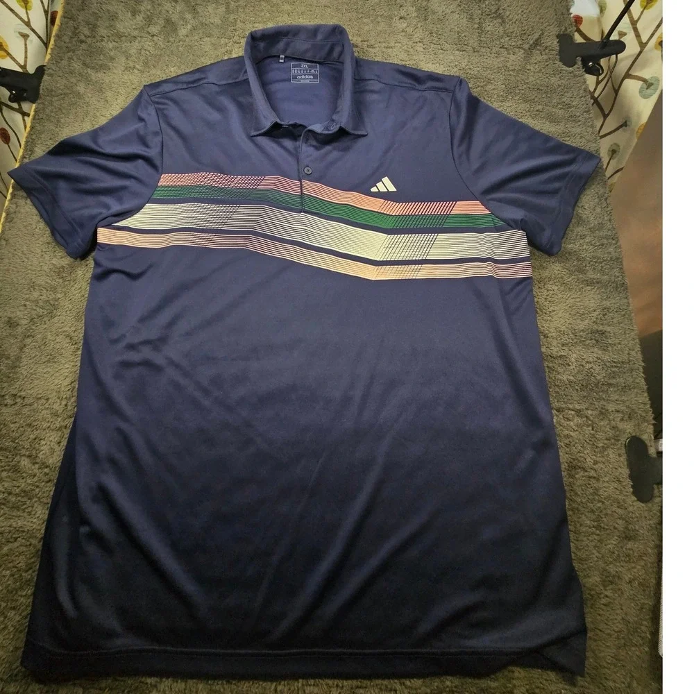 Adidas Golf Polo Mens 2XL Navy Blue Performance Striped Graphic Short Sleeve
